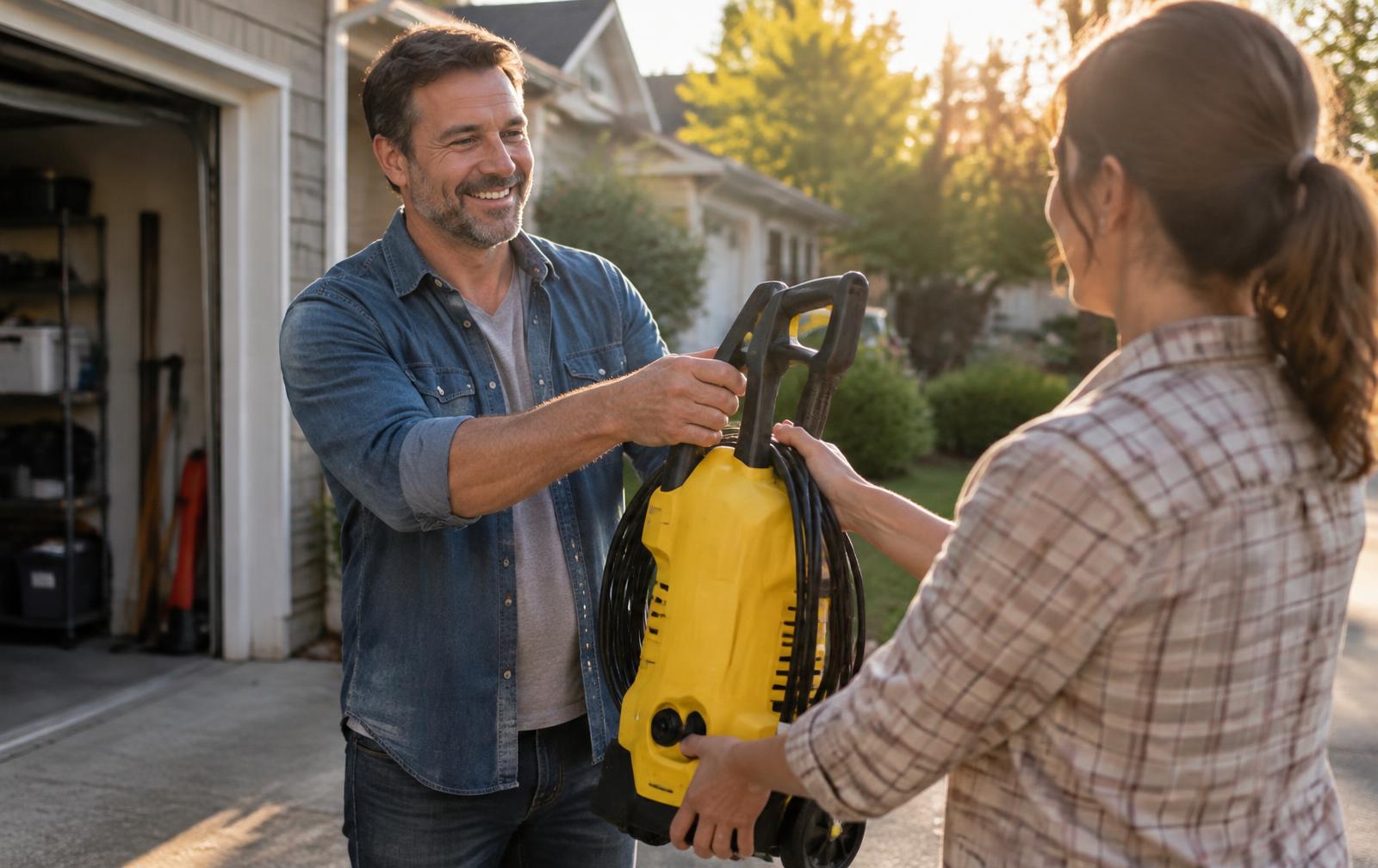 Neighbor handing over a pressure washer